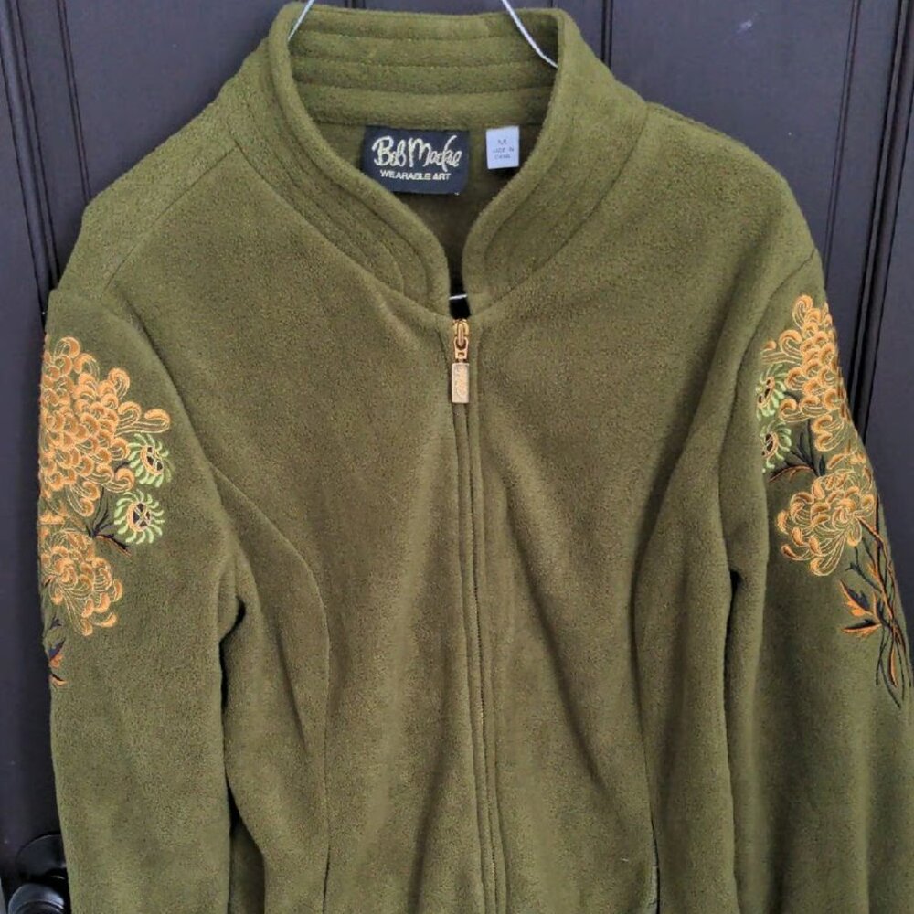 Bob Mackie Wearable Art Fleece Jacket Green Full Zip Embroidered Floral women M